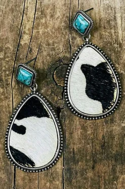 Sale Dear-Lover Cow Print Turquoise Drop Earrings Black