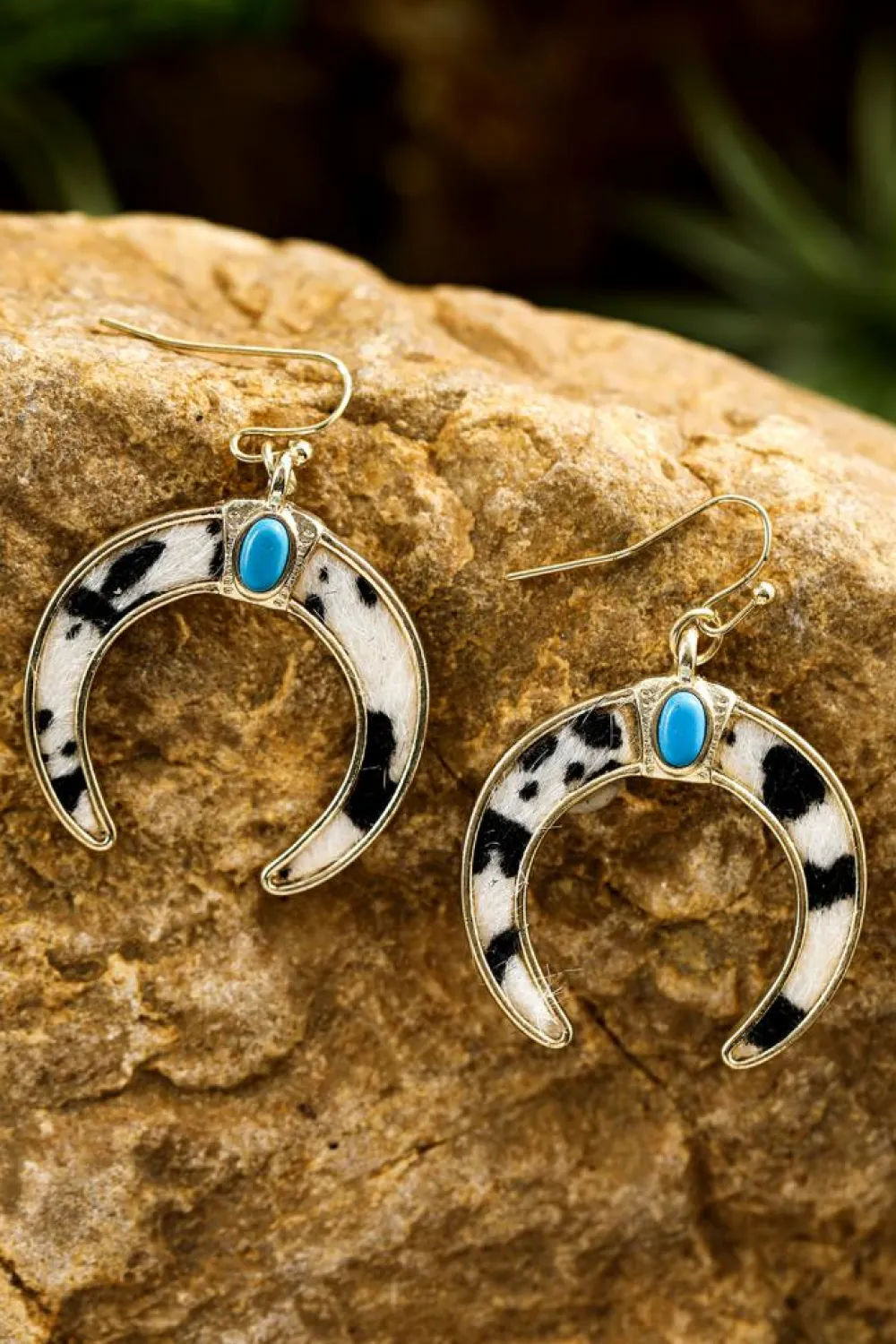 New Dear-Lover Cow Print Turquoise Inlay Crescent Shaped Dangle Earrings Black