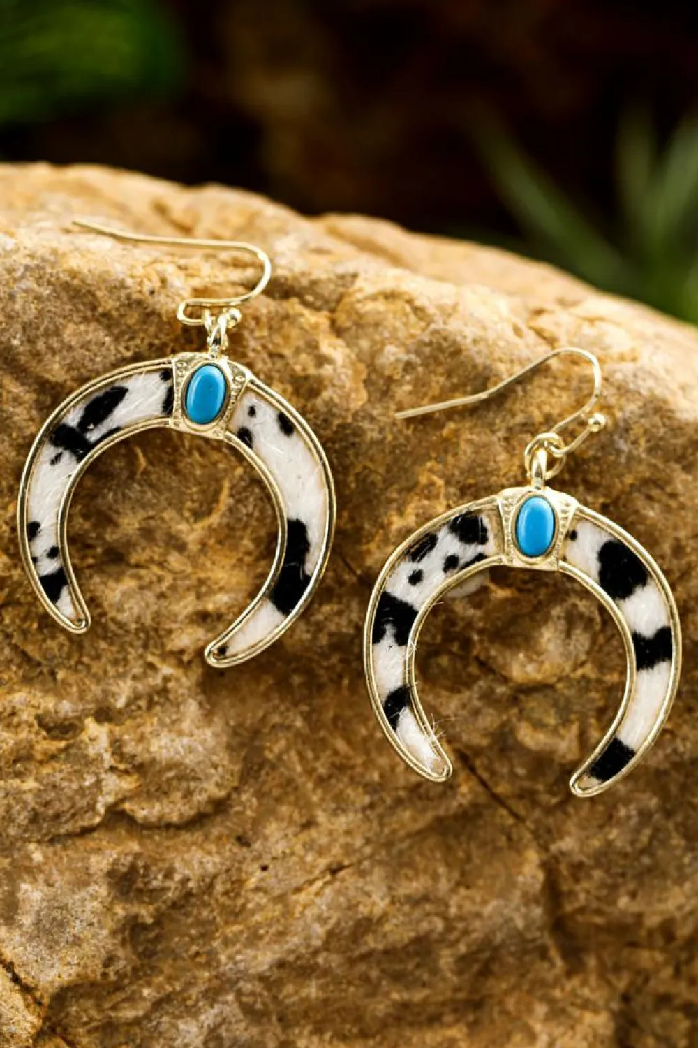 New Dear-Lover Cow Print Turquoise Inlay Crescent Shaped Dangle Earrings Black