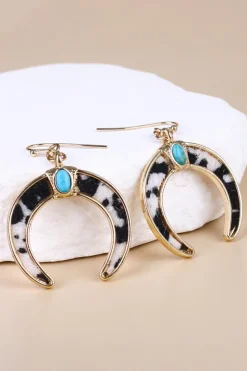 New Dear-Lover Cow Print Turquoise Inlay Crescent Shaped Dangle Earrings Black