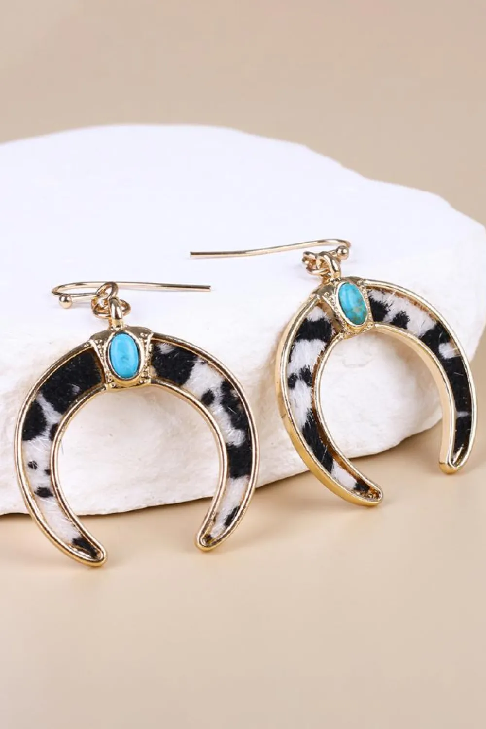 New Dear-Lover Cow Print Turquoise Inlay Crescent Shaped Dangle Earrings Black