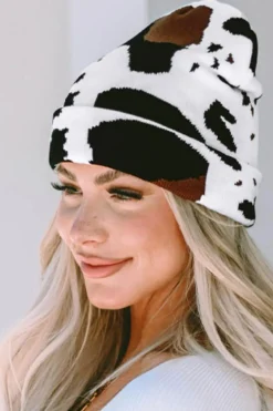 Online Dear-Lover Cow Spots Printed Warm Beanie Hat Black