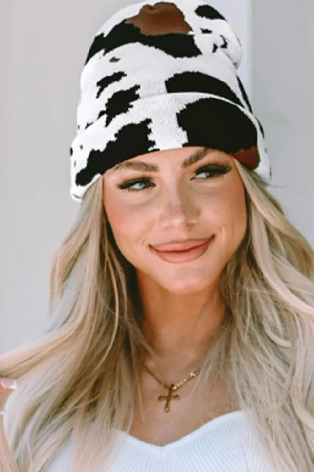 Online Dear-Lover Cow Spots Printed Warm Beanie Hat Black