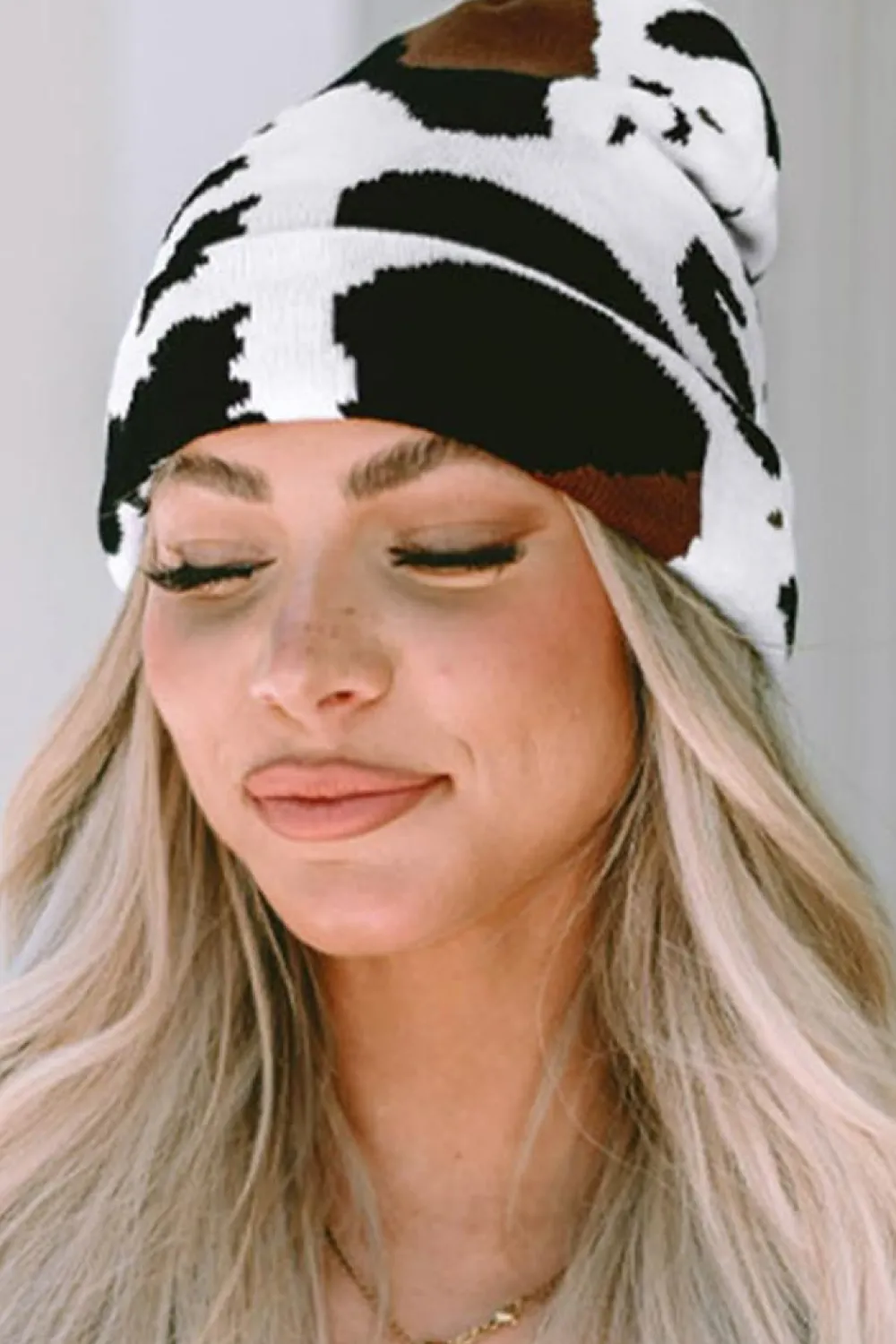 Online Dear-Lover Cow Spots Printed Warm Beanie Hat Black