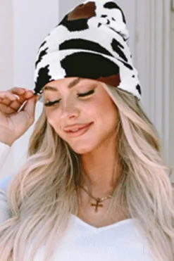 Online Dear-Lover Cow Spots Printed Warm Beanie Hat Black