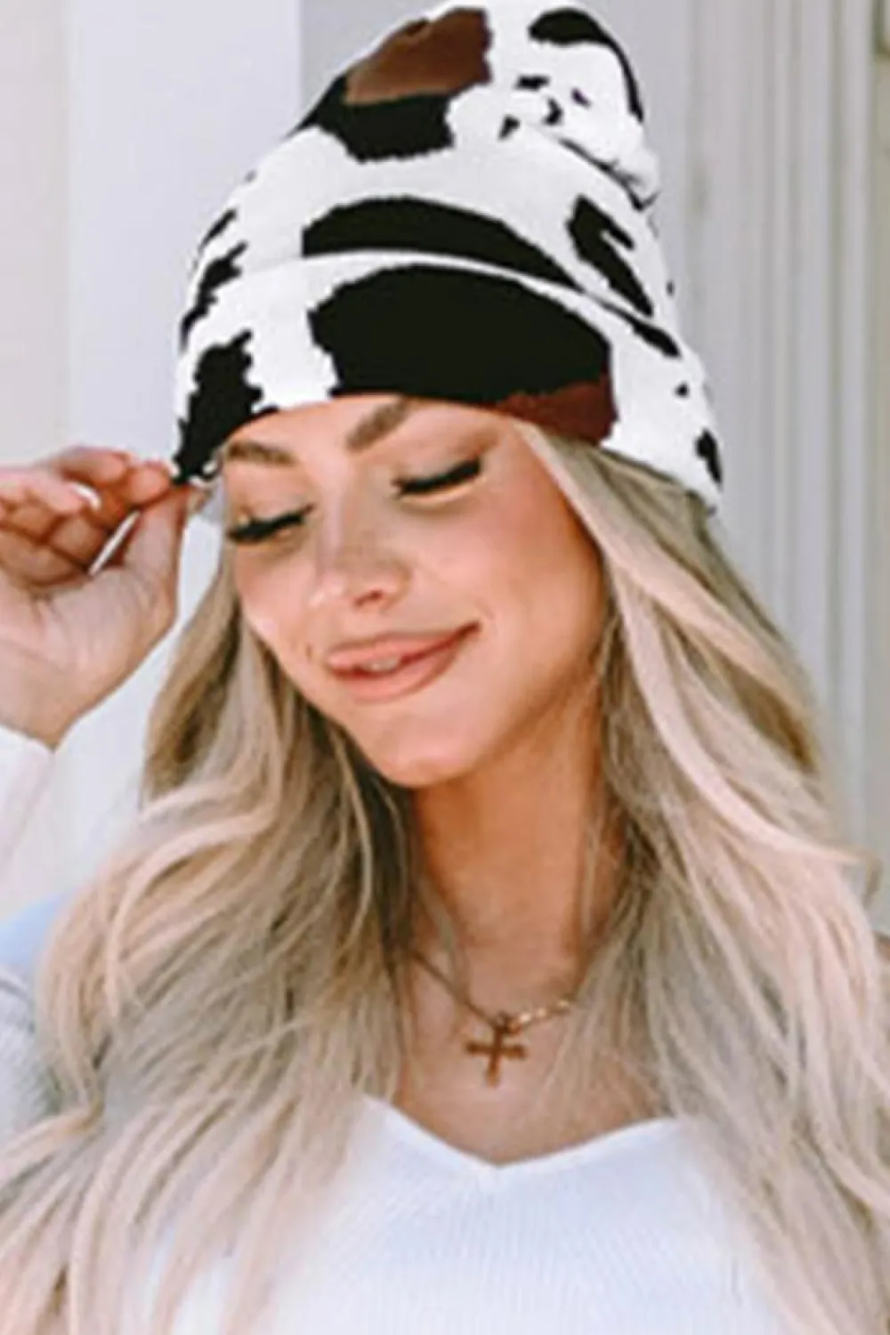 Online Dear-Lover Cow Spots Printed Warm Beanie Hat Black