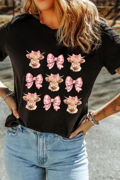 Hot Dear-Lover Cow with Bow Graphic Crewneck Western Tee Black