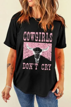Sale Dear-Lover COWGIRL DONT CRY Steer Head Print Short Sleeve Top Black
