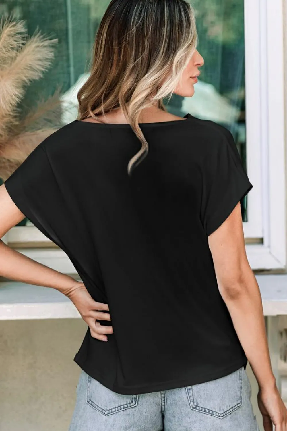 Fashion Dear-Lover Cowl Neck Bat Sleeve T Shirt Black