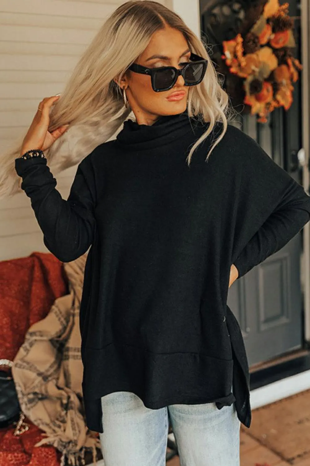 Clearance Dear-Lover Cowl Neck Shift Tunic Top Black