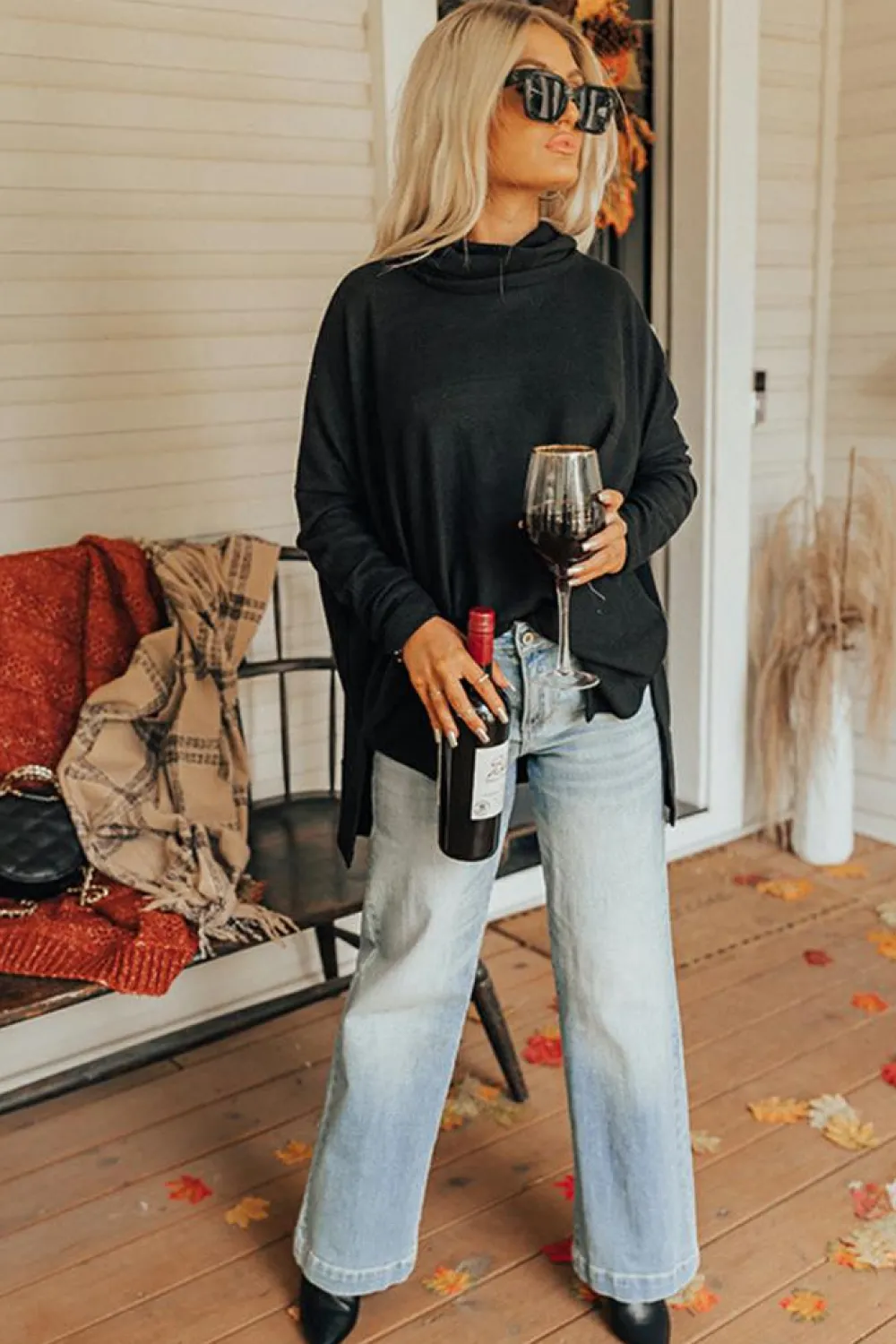 Clearance Dear-Lover Cowl Neck Shift Tunic Top Black