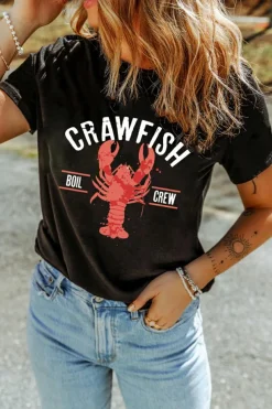 Fashion Dear-Lover CRAWFISH BOIL CREW Distressed Letter Graphic T Shirt Black