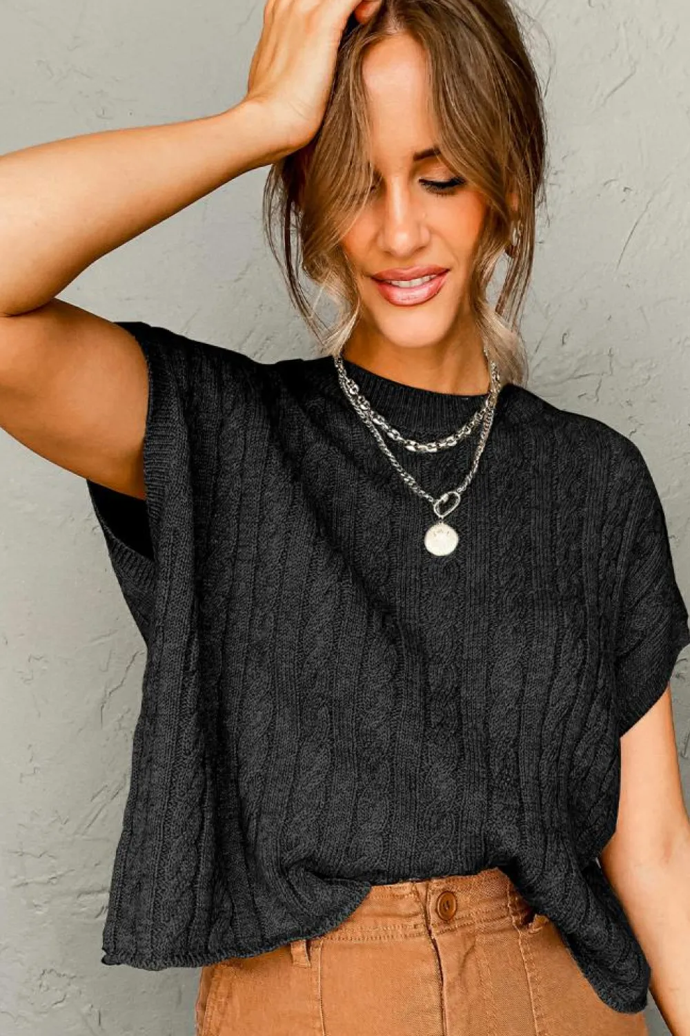 New Dear-Lover Crew Neck Cable Knit Short Sleeve Sweater Black