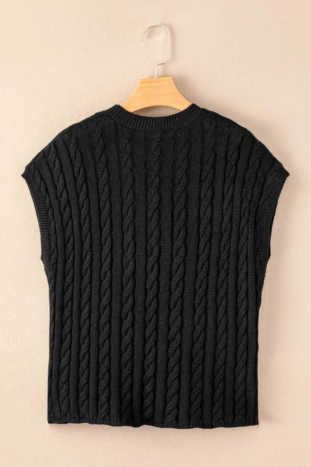 New Dear-Lover Crew Neck Cable Knit Short Sleeve Sweater Black