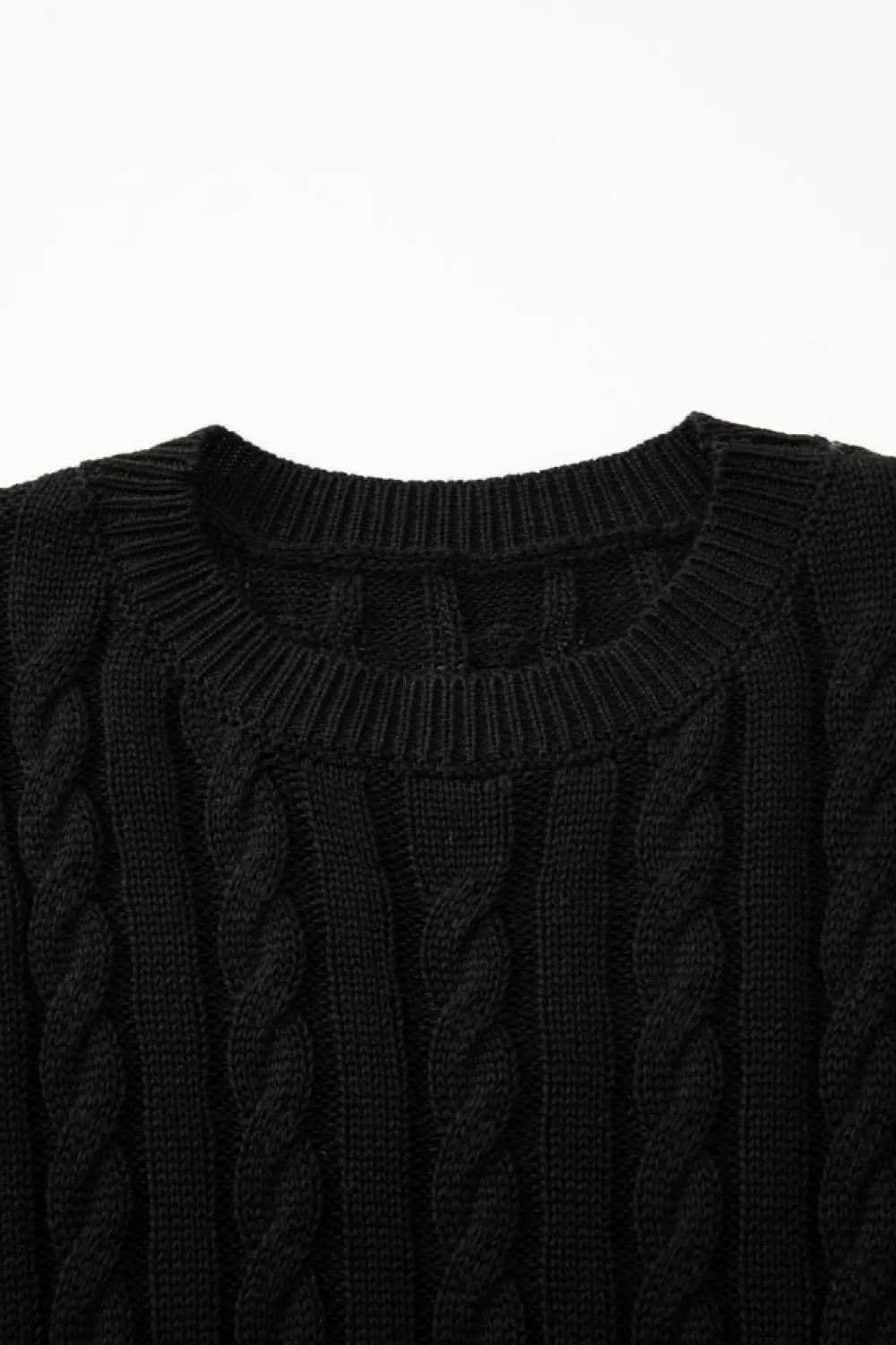 New Dear-Lover Crew Neck Cable Knit Short Sleeve Sweater Black