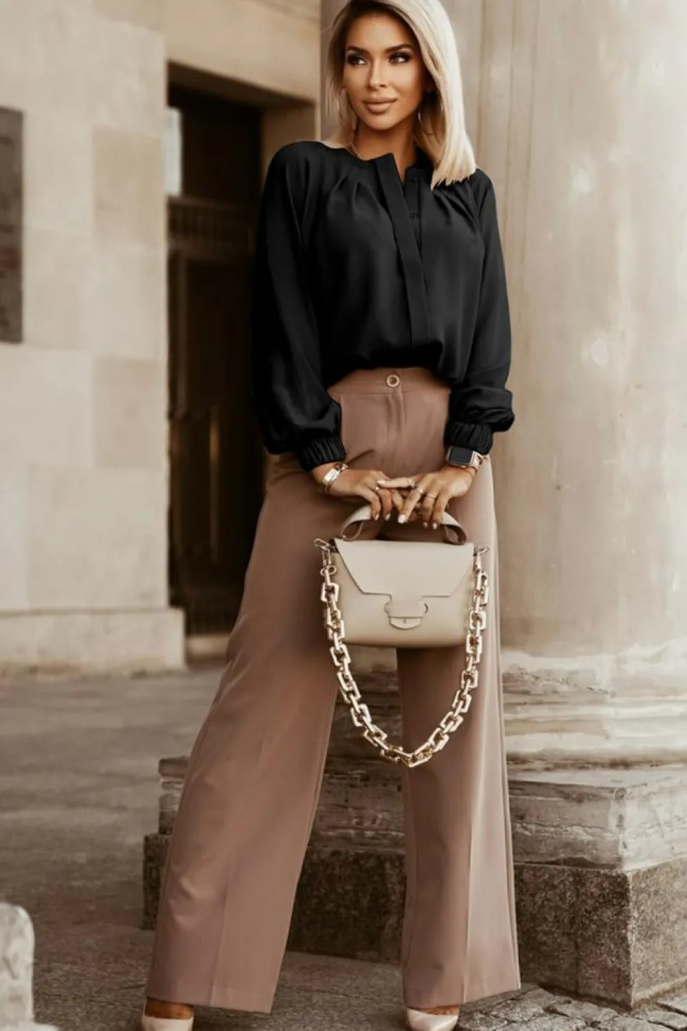 Best Dear-Lover Crew Neck Gathered Stretch Cuff Shirt Black