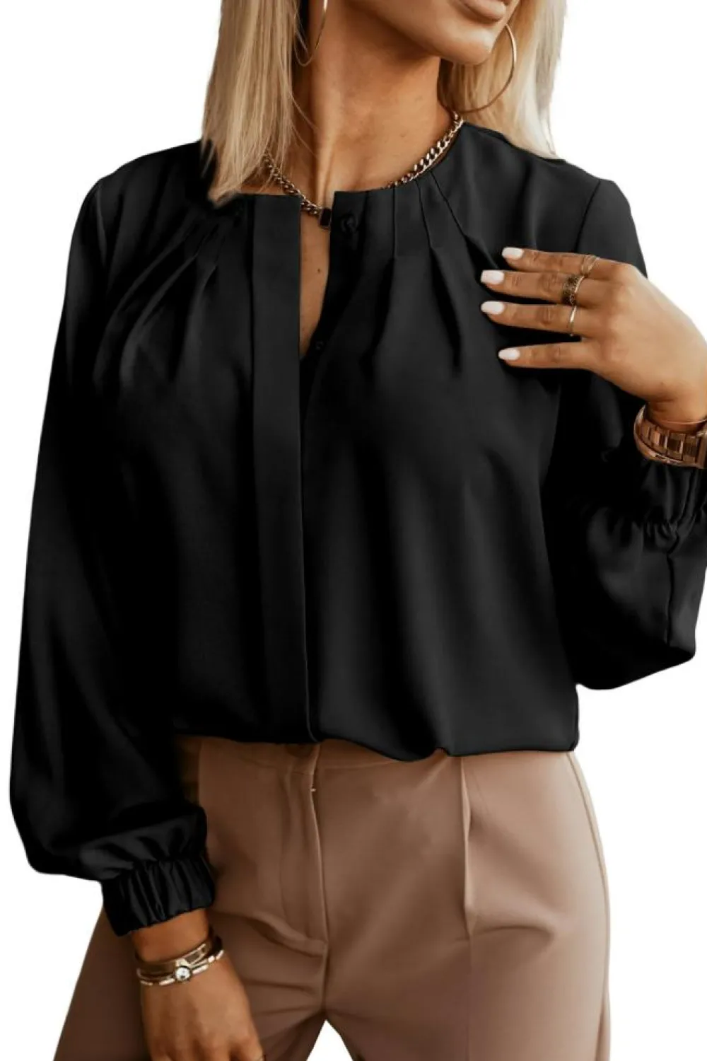 Best Dear-Lover Crew Neck Gathered Stretch Cuff Shirt Black