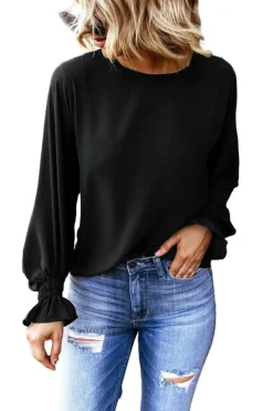 Sale Dear-Lover Crew Neck Ruffle Bubble Sleeve Top Black