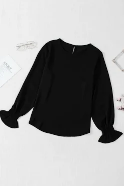 Sale Dear-Lover Crew Neck Ruffle Bubble Sleeve Top Black