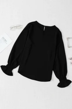 Sale Dear-Lover Crew Neck Ruffle Bubble Sleeve Top Black