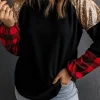 Best Dear-Lover Crewneck Lantern Sleeve Plaid Sequin Splicing Blouse Black