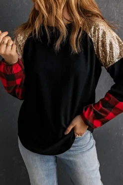 Best Dear-Lover Crewneck Lantern Sleeve Plaid Sequin Splicing Blouse Black