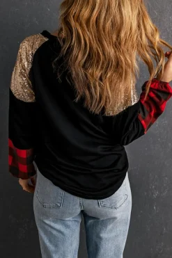 Best Dear-Lover Crewneck Lantern Sleeve Plaid Sequin Splicing Blouse Black