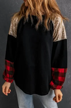 Best Dear-Lover Crewneck Lantern Sleeve Plaid Sequin Splicing Blouse Black