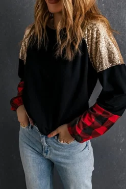 Best Dear-Lover Crewneck Lantern Sleeve Plaid Sequin Splicing Blouse Black