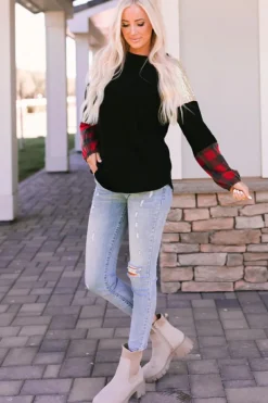 Best Dear-Lover Crewneck Lantern Sleeve Plaid Sequin Splicing Blouse Black