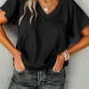 Hot Dear-Lover Crinkled V Neck Wide Sleeve T-shirt Black