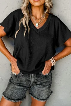 Hot Dear-Lover Crinkled V Neck Wide Sleeve T-shirt Black