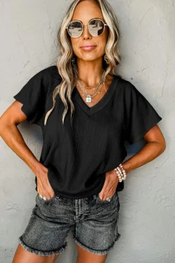 Hot Dear-Lover Crinkled V Neck Wide Sleeve T-shirt Black