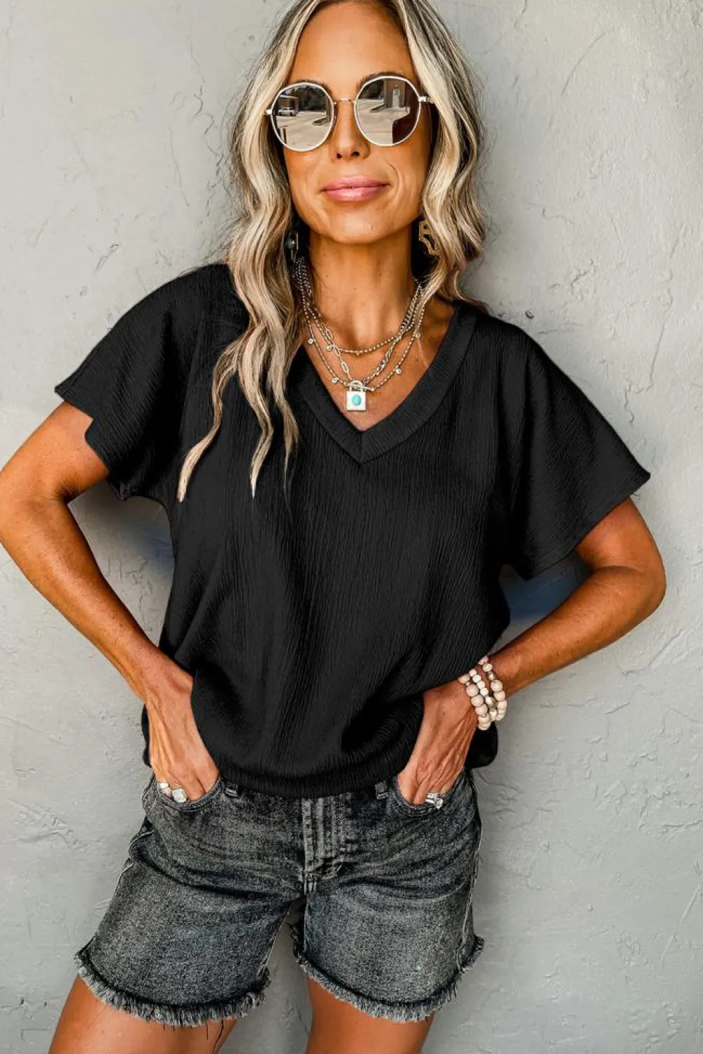 Hot Dear-Lover Crinkled V Neck Wide Sleeve T-shirt Black