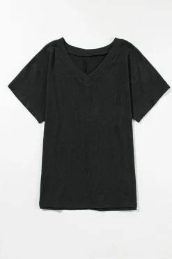 Hot Dear-Lover Crinkled V Neck Wide Sleeve T-shirt Black
