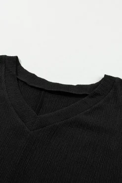 Hot Dear-Lover Crinkled V Neck Wide Sleeve T-shirt Black