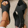 Clearance Dear-Lover Criss Cross Cut Out PU Leather Wedge Slippers Black