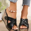 Sale Dear-Lover Criss Cross PU Leather Rivet Wedge Slippers Black