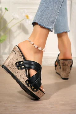 Sale Dear-Lover Criss Cross PU Leather Rivet Wedge Slippers Black