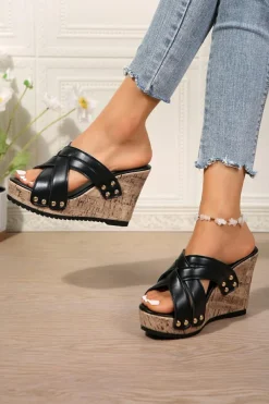 Sale Dear-Lover Criss Cross PU Leather Rivet Wedge Slippers Black