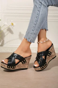 Sale Dear-Lover Criss Cross PU Leather Rivet Wedge Slippers Black