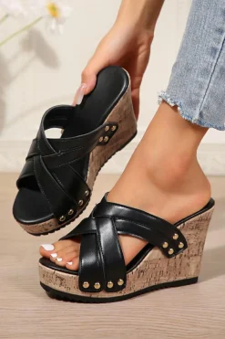 Sale Dear-Lover Criss Cross PU Leather Rivet Wedge Slippers Black