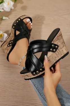 Sale Dear-Lover Criss Cross PU Leather Rivet Wedge Slippers Black