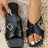 Best Dear-Lover Criss Cross Rhinestone Buckle Decor Square Toe Slippers Black