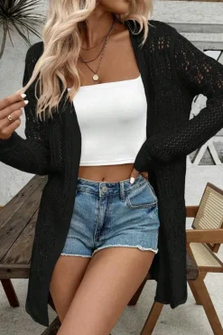 Discount Dear-Lover Crochet Hollow Out Open Front Cardigan Black