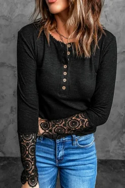 Best Dear-Lover Crochet Lace Hem Sleeve Button Top Black