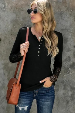 Best Dear-Lover Crochet Lace Hem Sleeve Button Top Black
