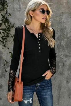 Best Dear-Lover Crochet Lace Hem Sleeve Button Top Black
