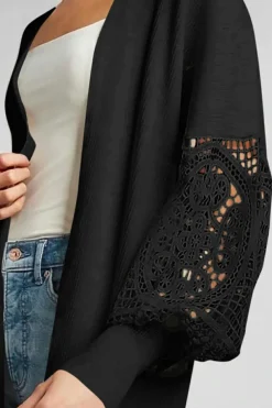 Hot Dear-Lover Crochet Lace Sleeve Ribbed Knit Cardigan Black