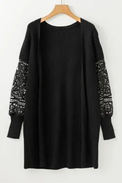 Hot Dear-Lover Crochet Lace Sleeve Ribbed Knit Cardigan Black